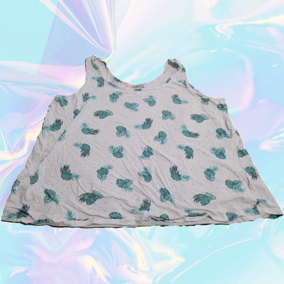 MyStyle 100% Cotton 1X White Tank With Polka Dots and Tropical Leaves - Picture 2 of 5